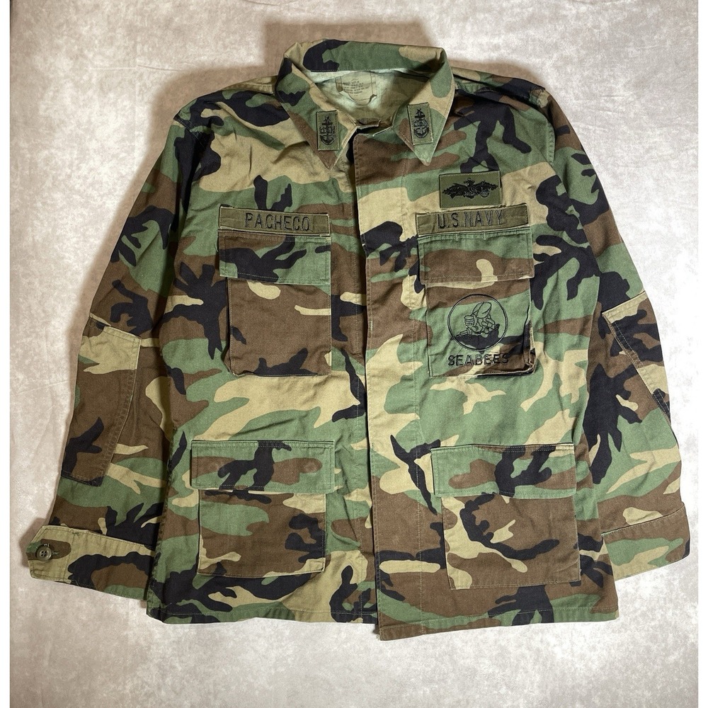 VINTAGE US Military Navy Jacket Mens Medium Seabees Combat Woodland Camo 90s